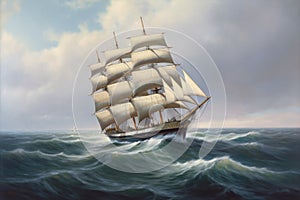 sailing vessel in full sail, with billowing sails and tranquil waters