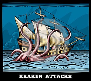 Sailing vessel and Kraken monster octopus vector logo in cartoon style photo