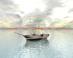 Sailing vessel in the rainbow sea