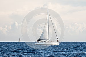 Sailing yacht in action in the evening in Mediterranean