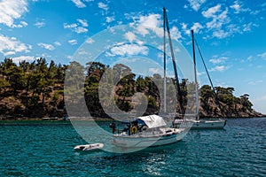 Sailing yacht anchored ashore in the Aegean Sea near the island of Thassos.