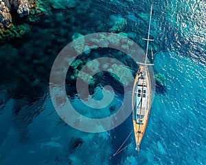 Sailing yacht on azure waters, midday, high angle, luxury and freedom vibes , 8K resolution