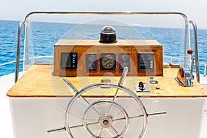 Sailing yacht control wheel and navigation implement.