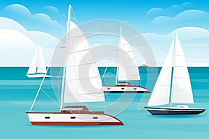 Sailing yacht floating on the blue sea or ocean landscape summer day with cloud flat vector illustration
