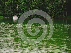 Sailing yacht hiding in the trees on a lake shore, view from water