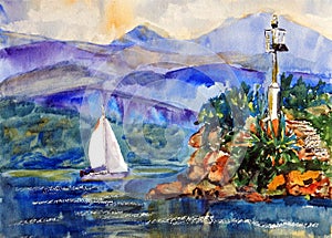 Sailing yacht and lighthouse during a regatta against the backdrop of green hilly shores. Watercolor drawing