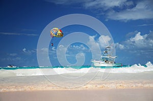 Sailing yacht near beautiful tropical beach