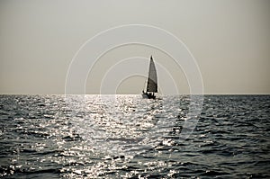Sailing yacht race. Ship yachts with white sails in the open Sea. silhouettes of yachtsmen and boats