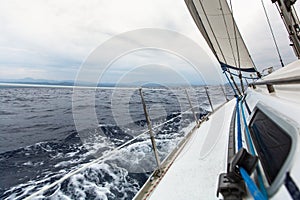 Sailing yacht on the race in a stormy sea. Travel.