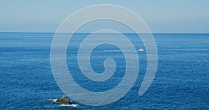 Sailing yacht race at sun light aerial. Yachting on serene seascape at open sea. Boat with big white spinnaker sail at