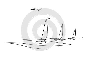 Sailing yacht regatta. Seagull in the sky. Draw one continuous line. Vector illustration. Isolated on white background