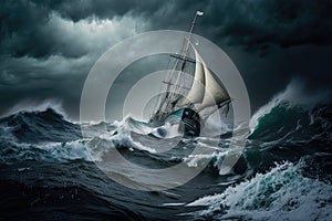 sailing yacht on rough sea in sailing in a storm