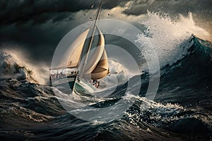 sailing yacht on rough sea in sailing in a storm