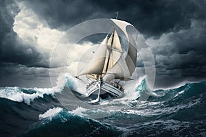 sailing yacht on rough sea in sailing in a storm