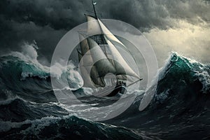 sailing yacht on rough sea in sailing in a storm