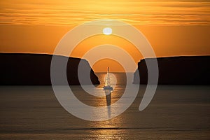 sailing yacht rounding headland, with the sun setting in the background