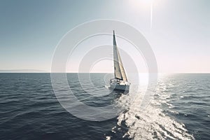 Sailing yacht in the sea. 3D render. Sunset. A small yacht gracefully sailing on the tranquil waters of a beautiful ocean on a