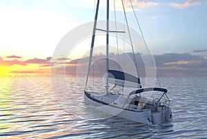 Sailing yacht on sea and sunset 3d illustration