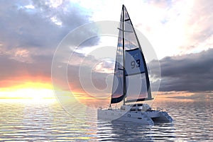 Sailing yacht on sea and sunset 3d illustration