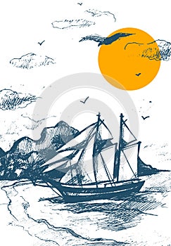 Sailing yacht silhouette sketch vector of sea yachts. Sailing-ship hand drawn illustration. Regatta racing in the sea