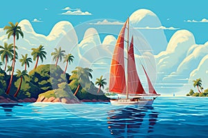 sailing yacht with tropical island and cloud background illustration ai generated