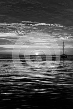 Sailing and yachting. Boat on sea at sunset. Sailboats with sails. Ocean water.