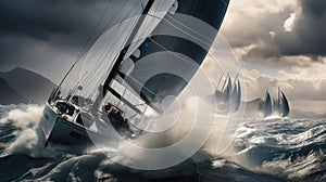 Sailing yachts race over the ocean in stormy weather with created with big waves Generative AI