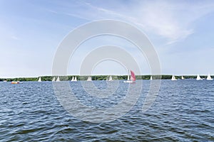 Sailing yachts at the regatta on the river. Water activities and sports competitions