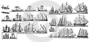 Sailingships different types of Antique sailing ships/ Vintage and Antique illustration from Petit Larousse 1914