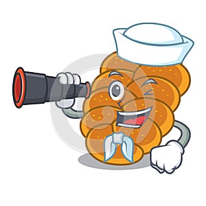 Sailor with binocular challah mascot cartoon style