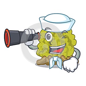 Sailor with binocular green coral reef isolated with cartoon