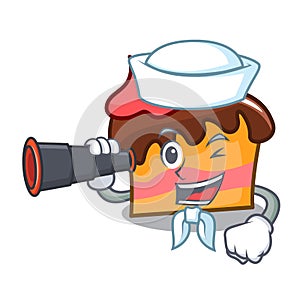 Sailor with binocular sponge cake mascot cartoon