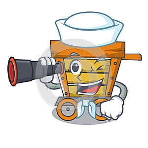 Sailor with binocular wooden trolley mascot cartoon