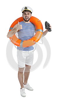 Sailor with binoculars and ring buoy on white background