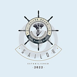 sailor captain ship wheel logo template design vector for brand or company and other