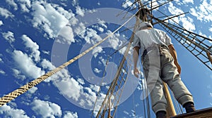 A sailor carefully inspecting the rigging ensuring its safety and functionality for the next voyage