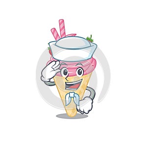 Sailor cartoon character of strawberry ice cream with white hat