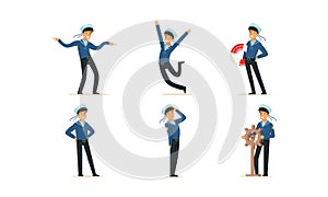 Sailor Character on Board Doing Work Vector Illustrations Set