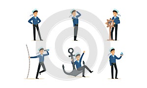 Sailor Character on Board Doing Work Vector Illustrations Set