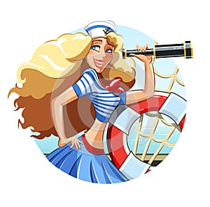 Sailor girl with pipe and rescue ring