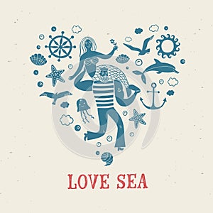 Sailor holding mermaid, heart shape illustration