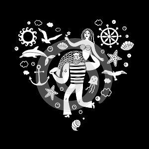 Sailor holding mermaid, heart shape illustration