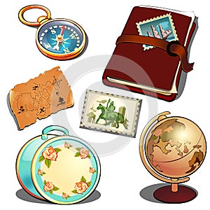 Sailor investigator in vintage style. Globe, diary, map, ladies travel suitcase, compass. Set of traveler attributes