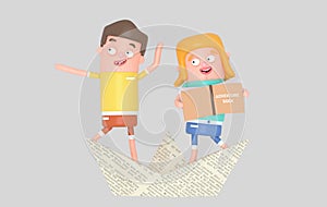 Sailor kids inside paper boat. 3d illustration