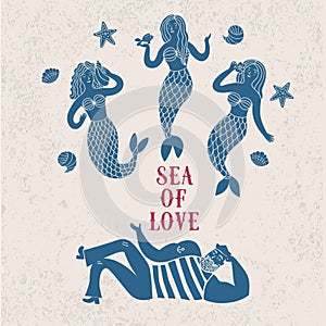 Sailor and mermaids in love