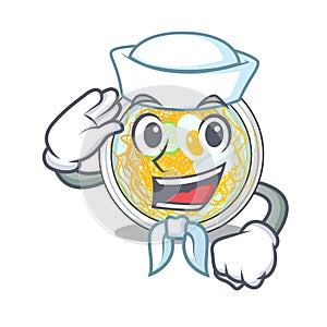 Sailor naengmyeon served on a mascot board