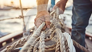 Sailor s hands expertly maneuvering ropes on sail precision in summer olympic games sport photo