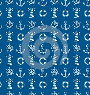 Sailor seamless pattern with anchors, lighthouse, lifebuoy and helm. Sea pattern vintage retro decoration. Isolated on blue