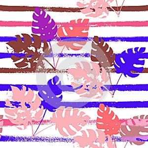 Sailor Stripes Vector Seamless Pattern, Blue Pink Purple Indigo Floral Textile. Cool Chick