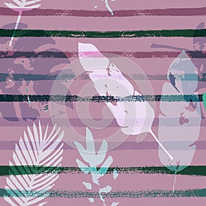 Sailor Stripes Vector Seamless Pattern, Brown Green Khaki Exotic Floral Print. Cool Chick